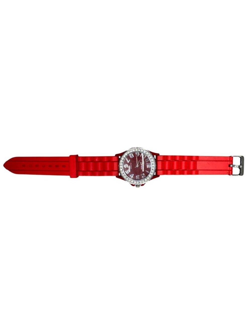 Geneva Platinum Watch With Red Silicone Band & Rhinestone Bezel Adjustable READ
